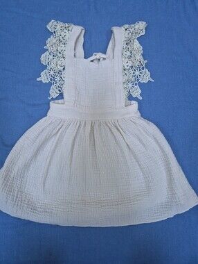 Jinxing Size 120 White Cotton Ruffle Toddler Pinafore Dress EUC